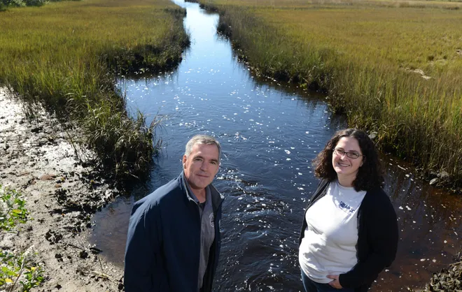 Dennis Town Engineer Tom Andrade and April Wobst with the Association to Preserve Cape Cod stand beside a conduit on Nov. 2, 2022, that leads under Lower County Road and constricts the flow of Weir Creek in West Dennis.
